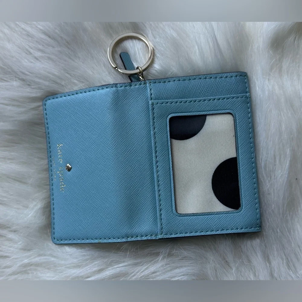 kate spade light Blue Key Card Holder bifold wallet coin polka dot interior